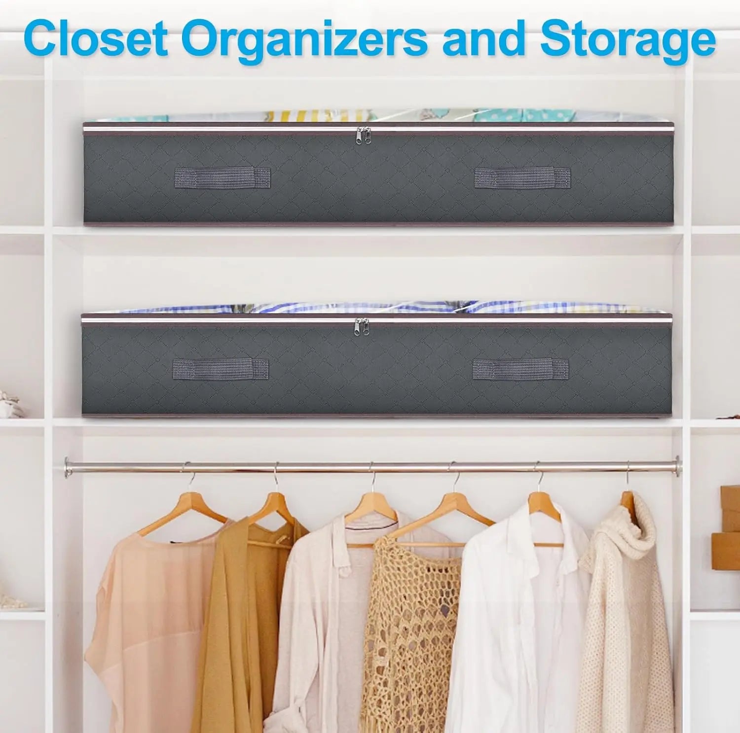 Closet organizers and storage solutions with clothes hanging on a rack.