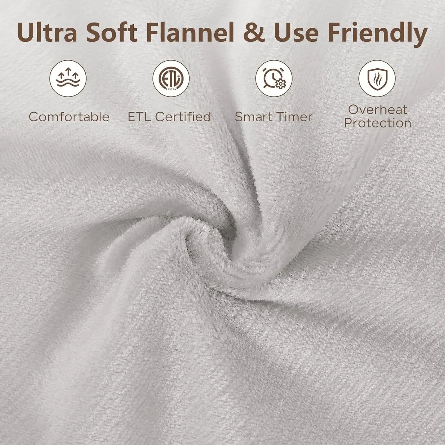 Queen Size Electric Heated Blanket with 6 Heat Levels, Auto Shut-Off, Ultra Soft Flannel, Machine Washable in Warm Gray Peaceful Pleasures Health and Wellness