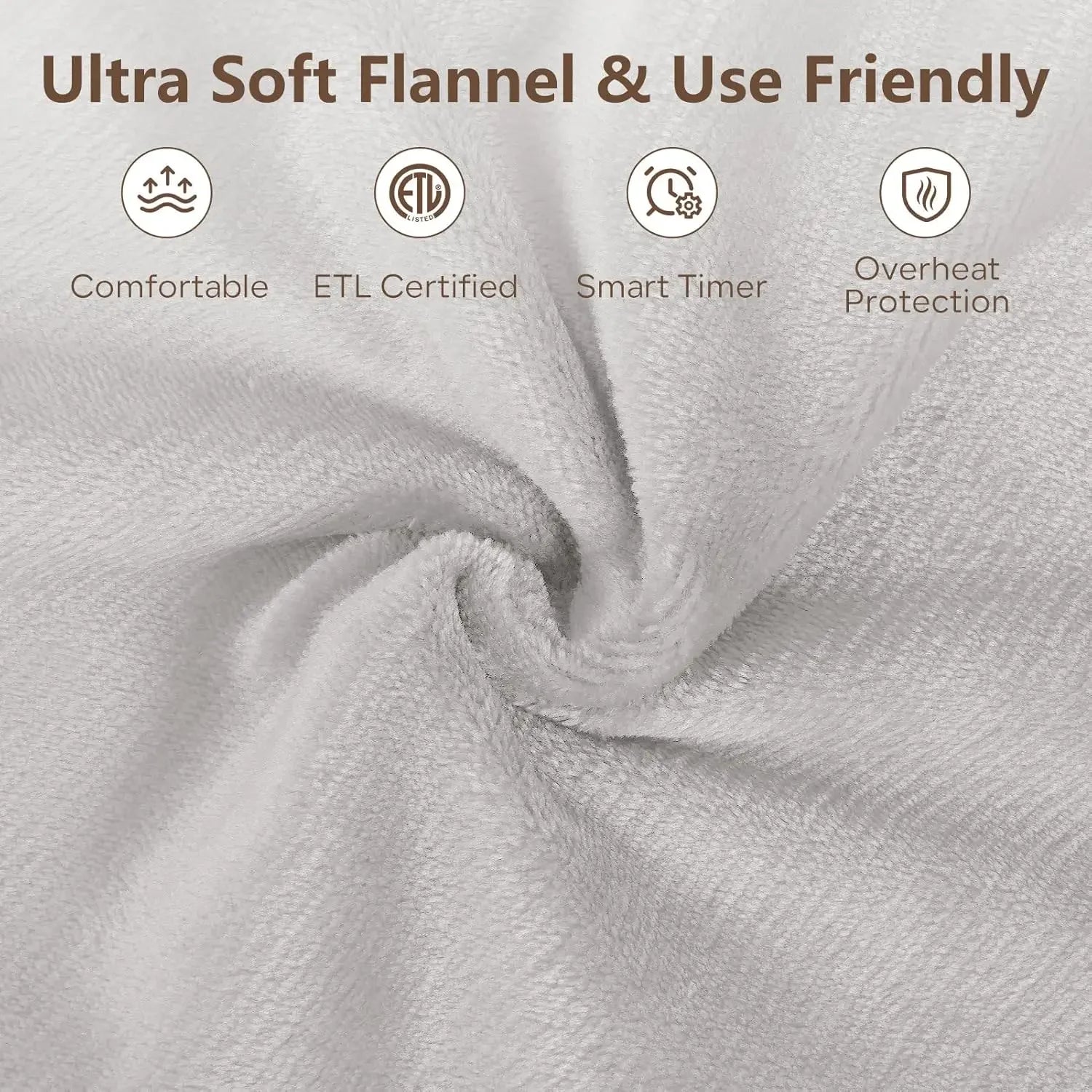 Queen Size Electric Heated Blanket with 6 Heat Levels, Auto Shut-Off, Ultra Soft Flannel, Machine Washable in Warm Gray Peaceful Pleasures Health and Wellness