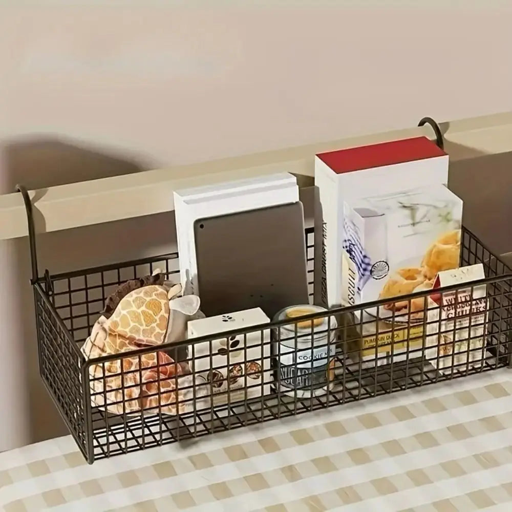 Iron Hanging Bedside Basket – No-Drill Wire Storage Shelf