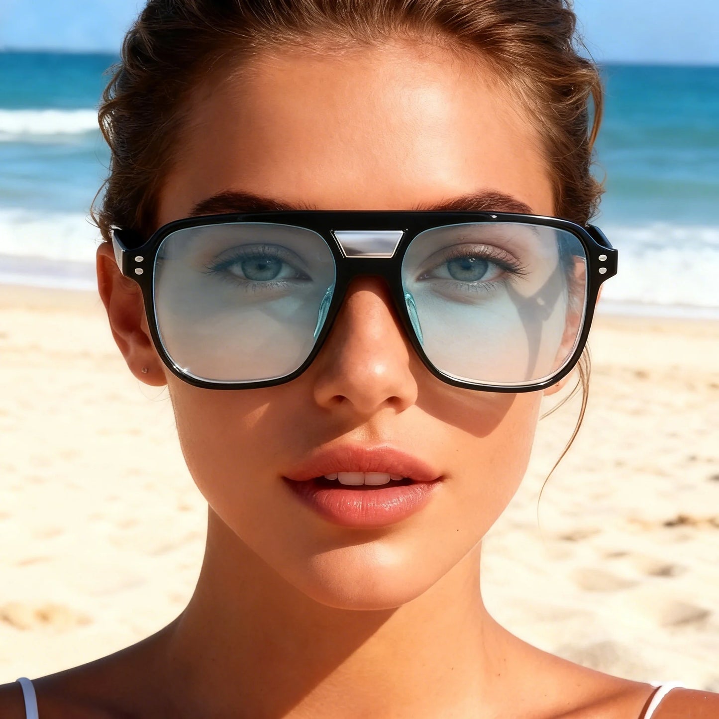 1/6pc Retro Double Bridge Sunglasses Stylish Minimalist Large Frame Fashionable Ins Personality Ocean Lens Sun Glasses Peaceful Pleasures Health and Wellness Blue