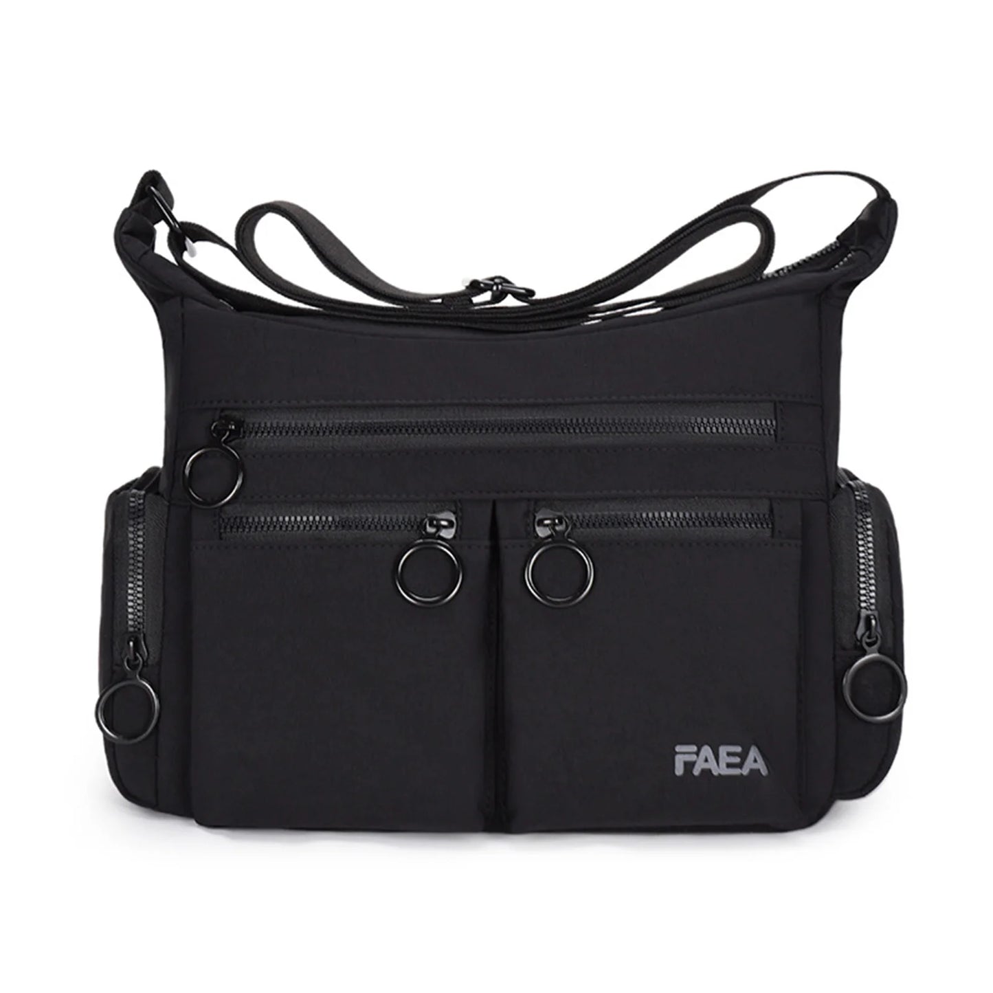 Unisex Multi-Pocket Utility Shoulder Bag Square Design Glossy Material for Casual and Commute Use Peaceful Pleasures Health and Wellness black
