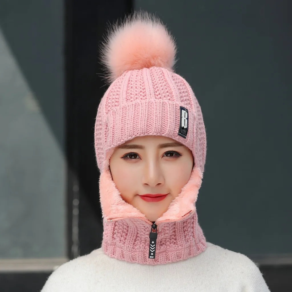 Women's 2-in-1 Scarf Beanie Hat with Zipper, Fashion & Warm Knitted Cap with Pompom, Thickened Coldproof Snow Hood for Outdoor Peaceful Pleasures Health and Wellness Pink