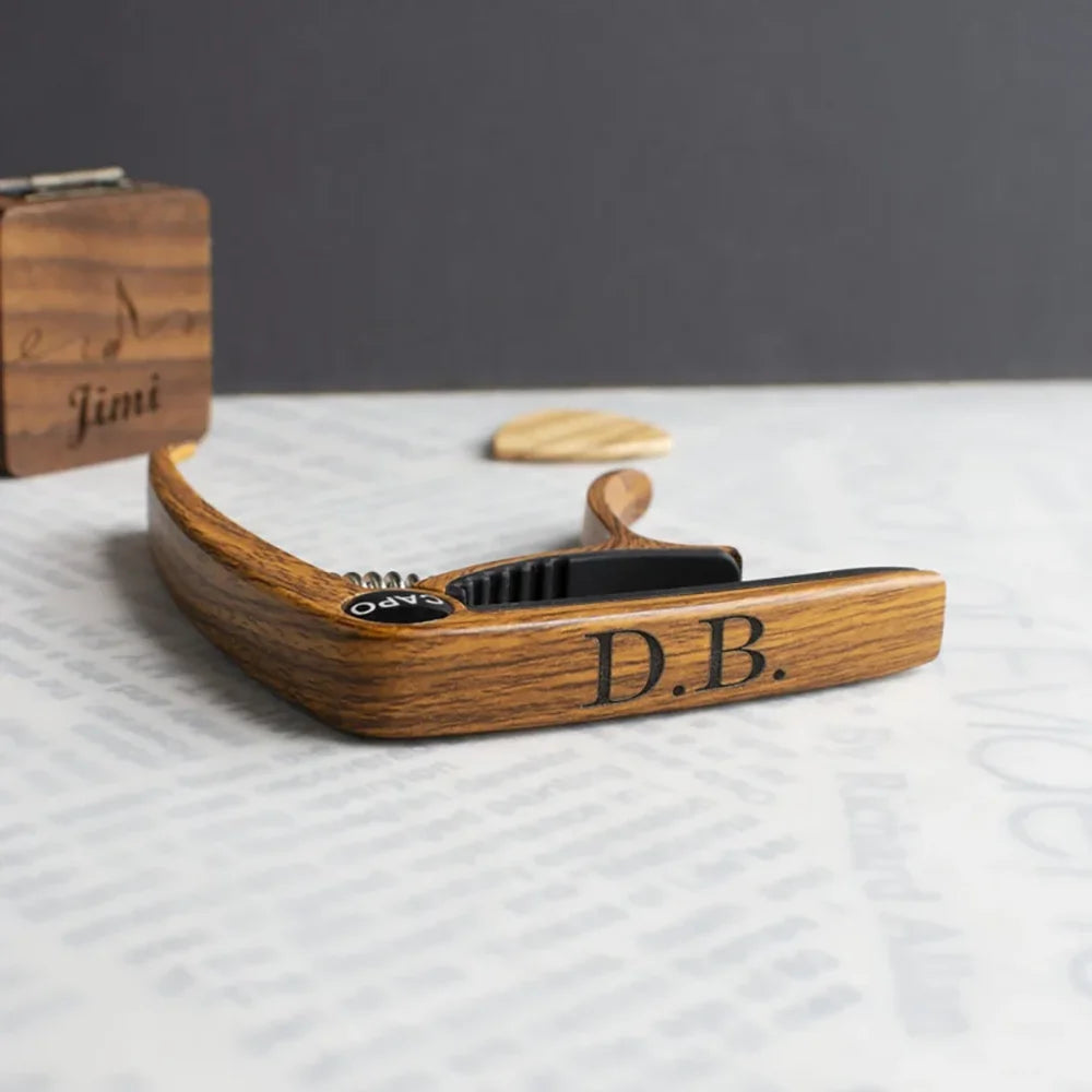 Personalized Metal Guitar Capo | Engraved Wood Grain Gift