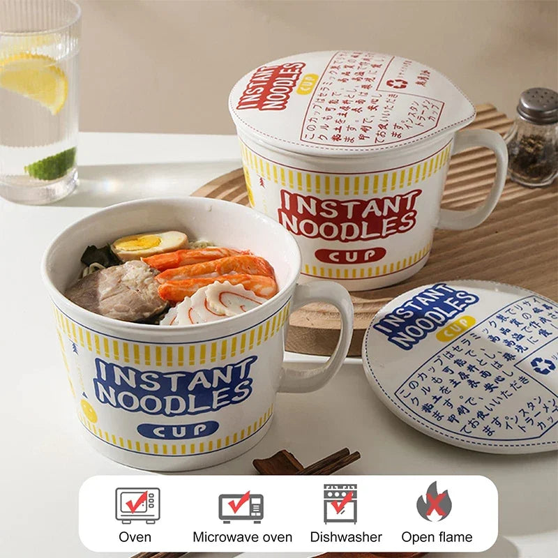 Hot Sale Ceramic Instant Noodle Bowl With Handle Large Capacity instant noodles bowl Cute Design instant noodles Bowl With Lid Peaceful Pleasures Health and Wellness