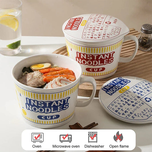 Hot Sale Ceramic Instant Noodle Bowl With Handle Large Capacity instant noodles bowl Cute Design instant noodles Bowl With Lid Peaceful Pleasures Health and Wellness