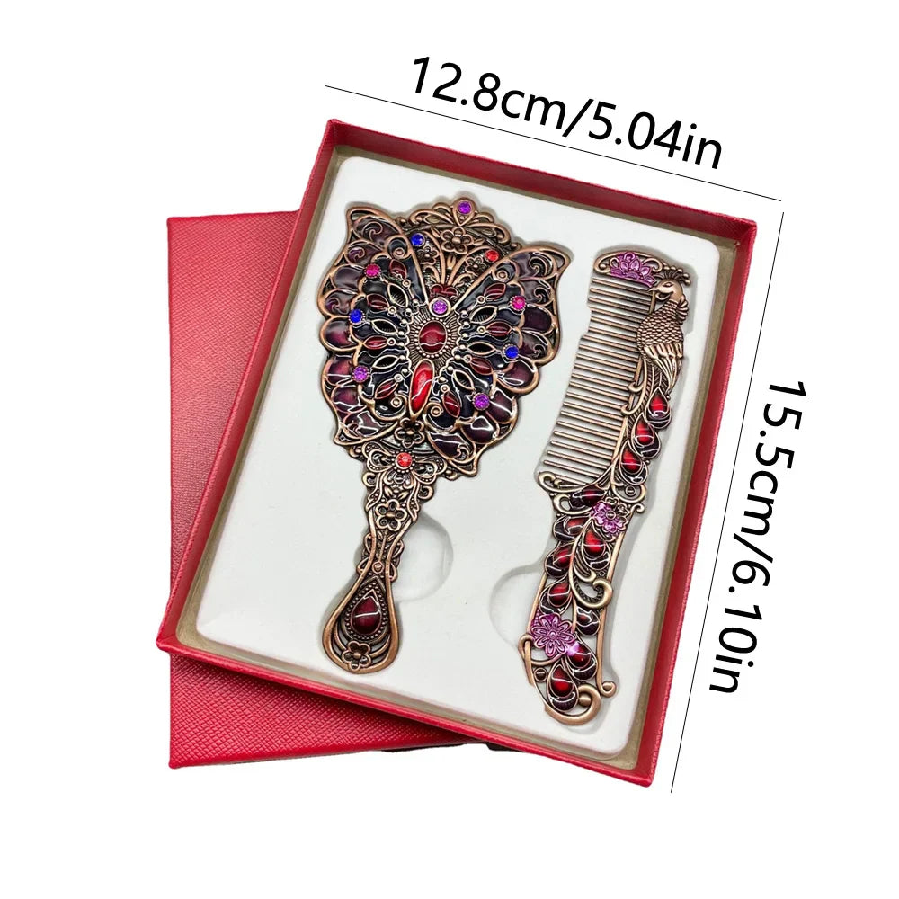 Vintage Peacock Mirror & Comb Set – Rhinestone Metal Gift