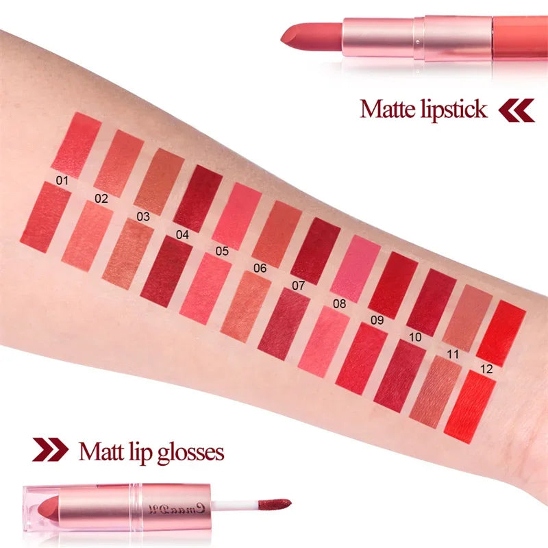 2-in-1 Matte Lipstick & Lip Liner Pen | 24H Waterproof, 12 Colors