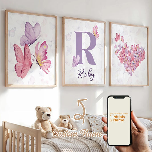 3-Piece Personalized Butterfly Canvas Wall Art | Kids Room Decor Canvas Wall Art Set Peaceful Pleasures Health and Wellness GA-N057-3pcs 60x80cm Unframed