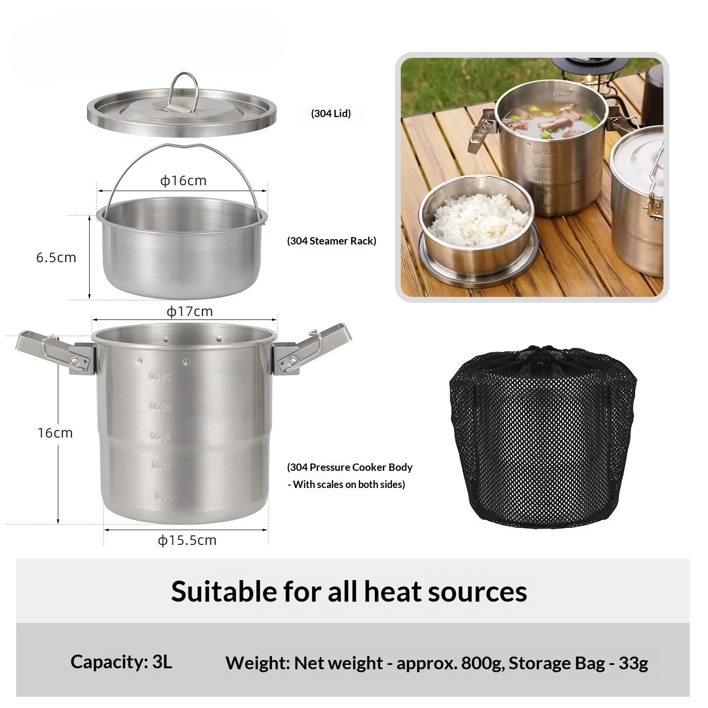 New Stainless Steel Micro-Pressure Camping Pot Home Outdoor Foldable Portable Cooking Pot with Lid, Compatible with Most Stoves Peaceful Pleasures Health and Wellness Double-ear style