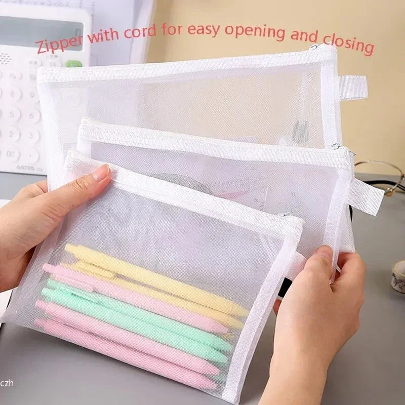 3pcs/Set Transparent Document Bag Mesh Zipper Information Bag Small Fresh Large Capacity Stationery Bag Peaceful Pleasures Health and Wellness
