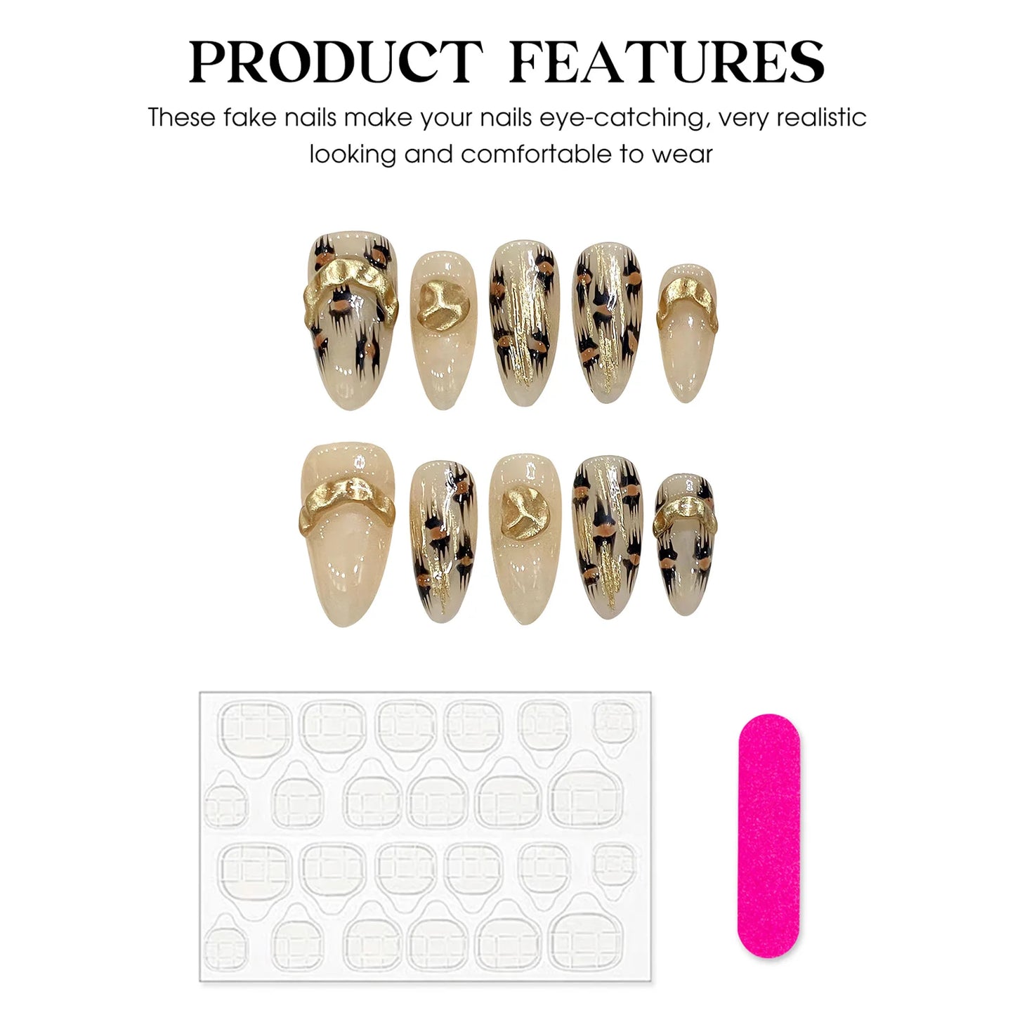 Almond Press On Nails – Leopard Gold Foil French Tips, 10pcs