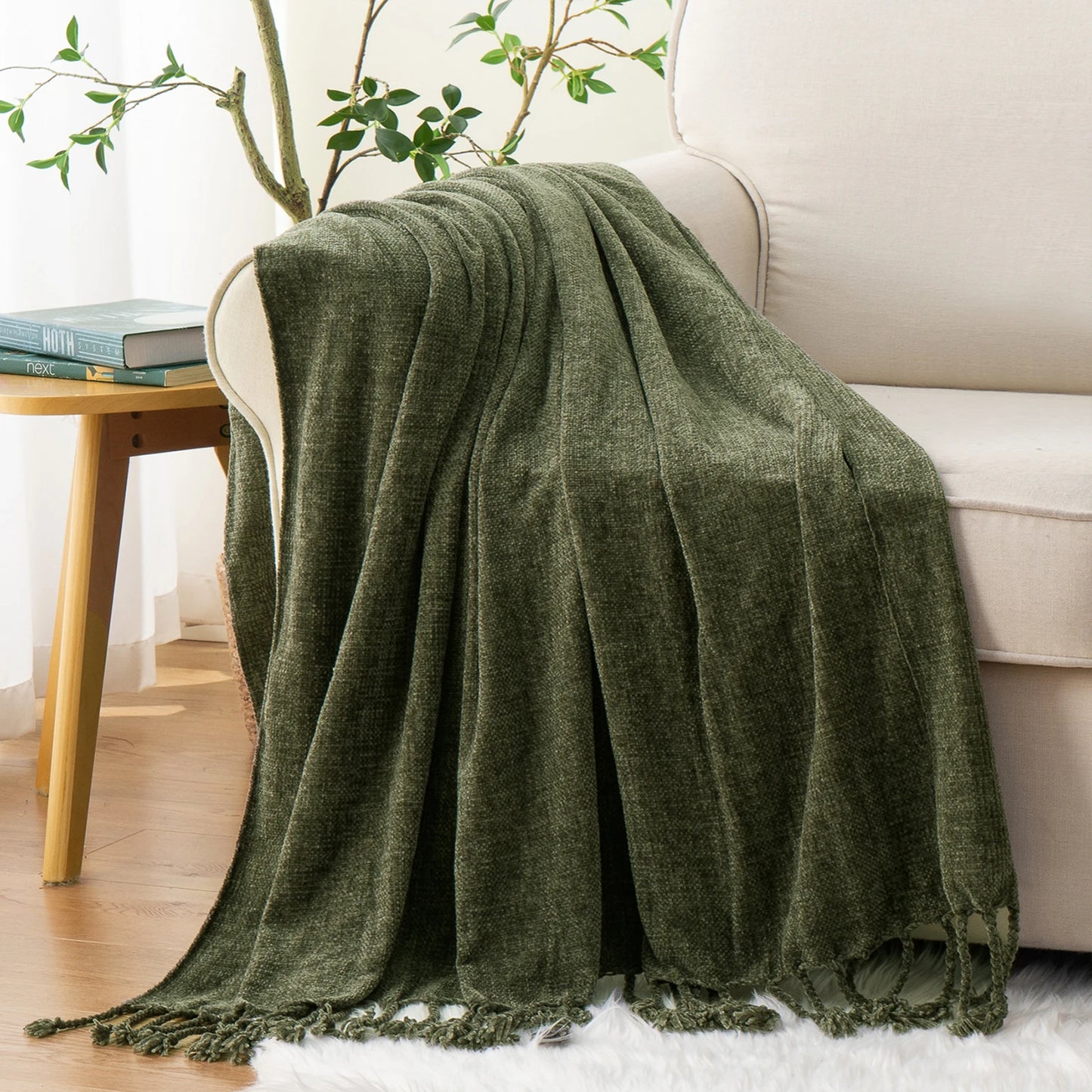 Battilo Chenille Throw Blanket with Fringe Tassels | Soft Knit