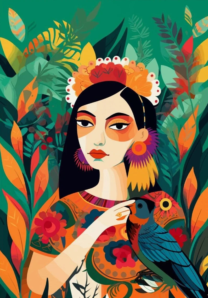 Latina Woman Floral Canvas Wall Art | Ethnic Maximalist Print