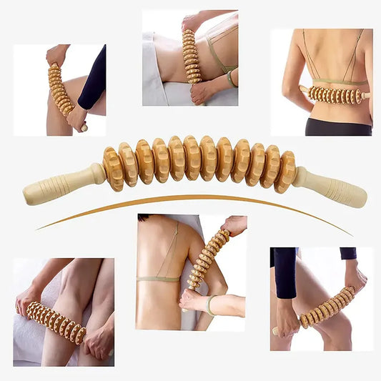 Body Fascia Massager Anti-slip Handle Wood Grooved Gear Arms Legs Thighs Buttocks Smooth Roller Massager for Back Relaxation Peaceful Pleasures Health and Wellness