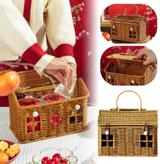 House-Shaped Rattan Basket with Lid & Handle | Wicker Organizer Wicker Storage Basket Peaceful Pleasures Health and Wellness