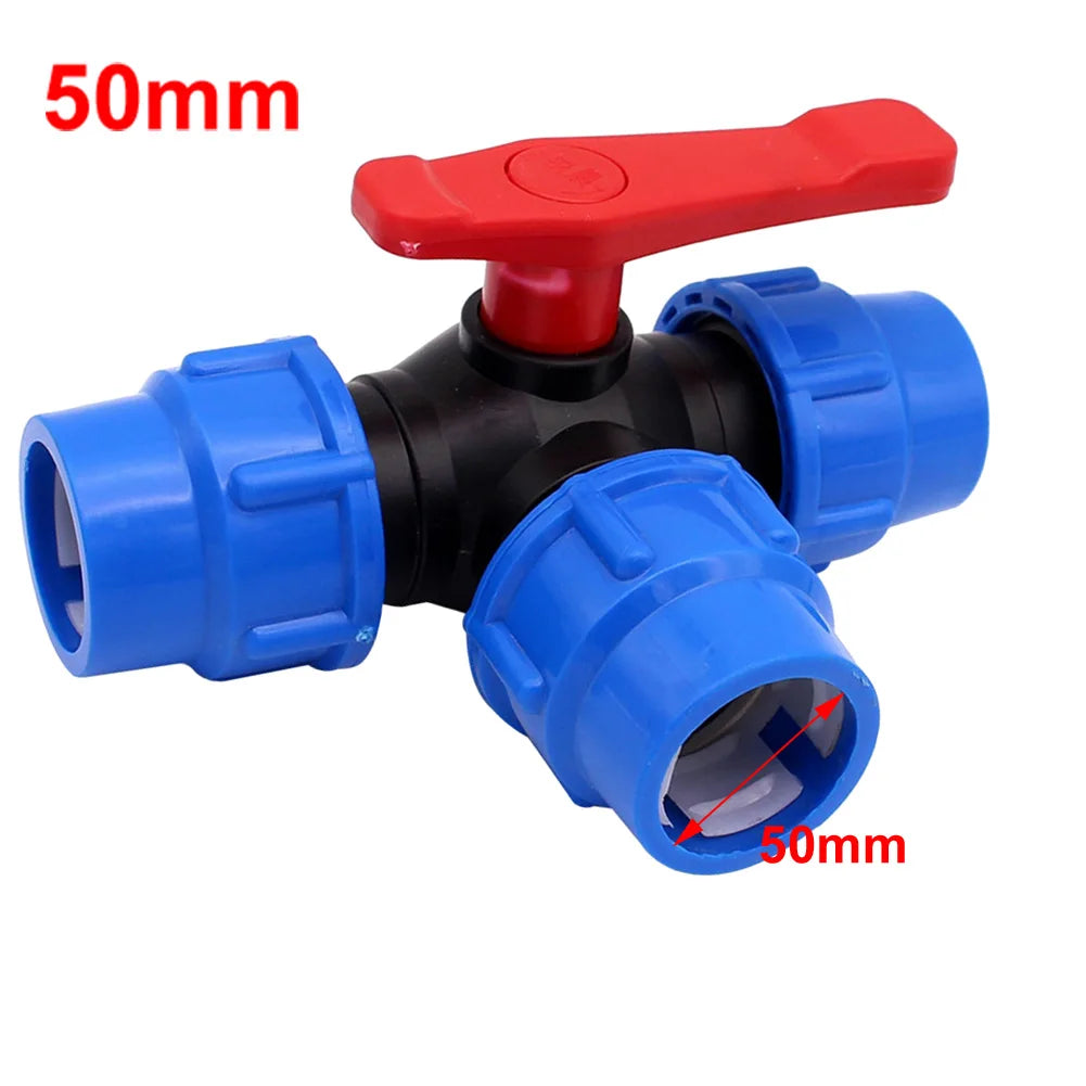 PE 3-Way Ball Valve 20–50mm | Quick-Connect Irrigation Fitting