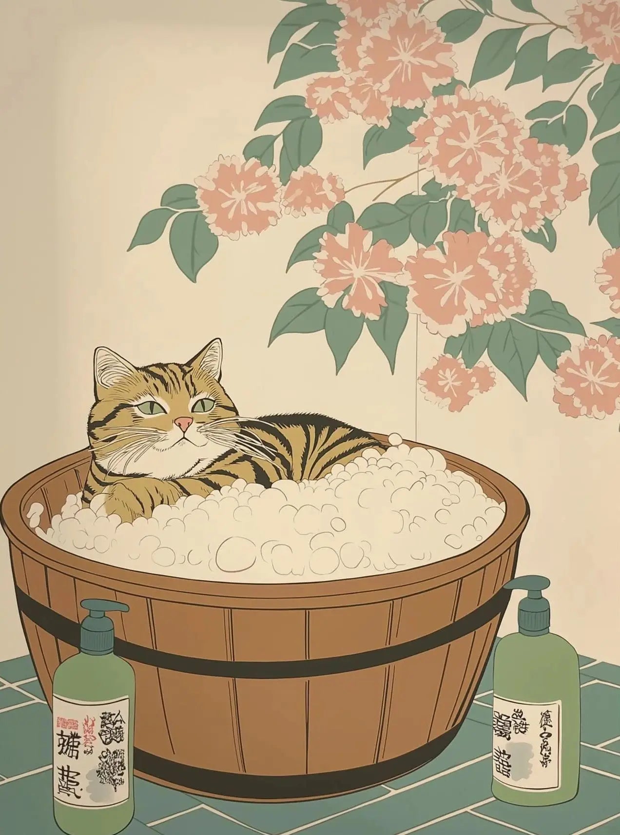 Japanese Cherry Blossom Cat Hot Spring Canvas Wall Art Print Canvas Wall Art Print Peaceful Pleasures Health and Wellness 21 50x70cm Unframed