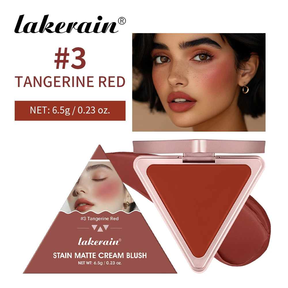 Lakerain Matte Cream Blusher Long-lasting Natural Makeup Triangle Box Design Oil-Resistant High Pigment Cream Blush Plate Peaceful Pleasures Health and Wellness Tangerine red