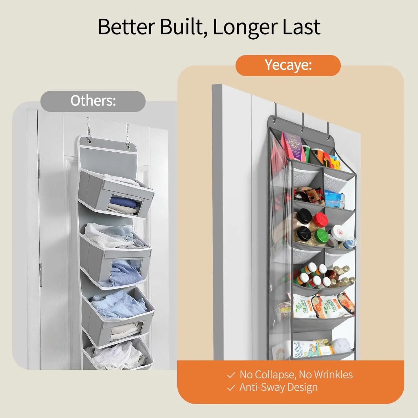 Yecaye hanging organizer with text highlighting features on a beige background