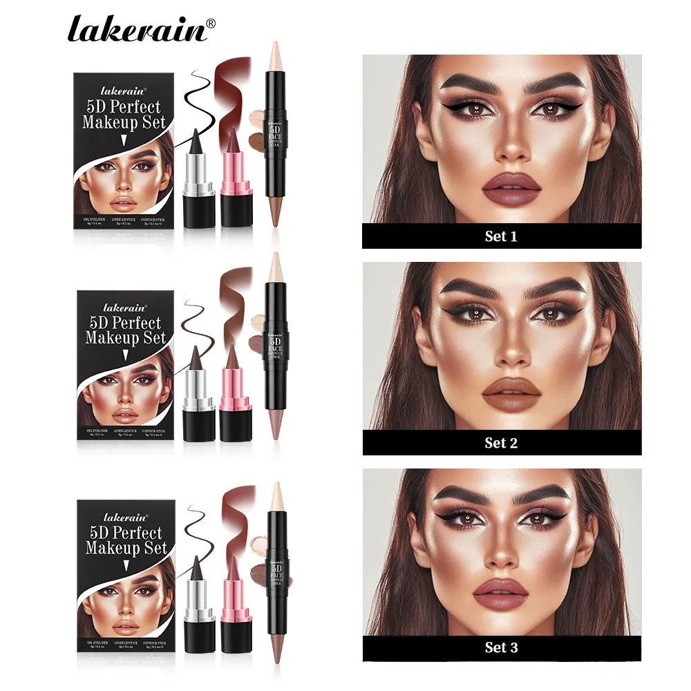 5D Perfect Makeup Set With Contouring Stick Eyeliner And Lipstick Easy Coloring Sweat-proof Long Lasting Daily Makeup Set Peaceful Pleasures Health and Wellness