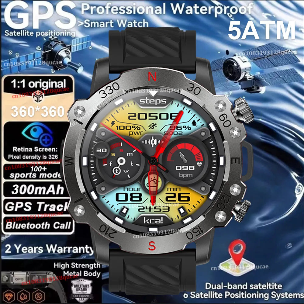 New Dual-Band GPS Military Smart Watch 5ATM Water-Resistant 300mAh Battery Compass GPS Sport SmartWatch Men For Android IOS 2025 Peaceful Pleasures Health and Wellness Black