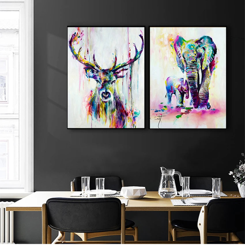 Kids Room Watercolor Animal Canvas Art – Elephant & Deer Print