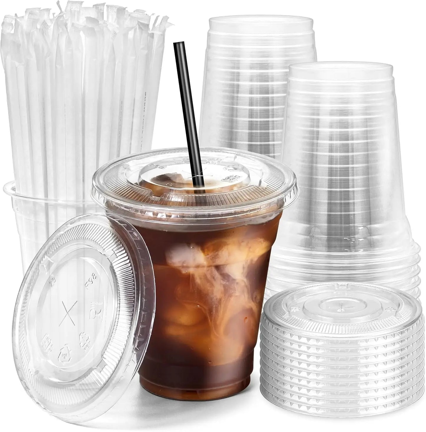 12OZ Clear Plastic Cups with Lids To Go Crystal Clear Disposable Plastic Cups with Straw for Iced Coffee Smoothies Soda Lemonade Peaceful Pleasures Health and Wellness Black Flat 50pcs