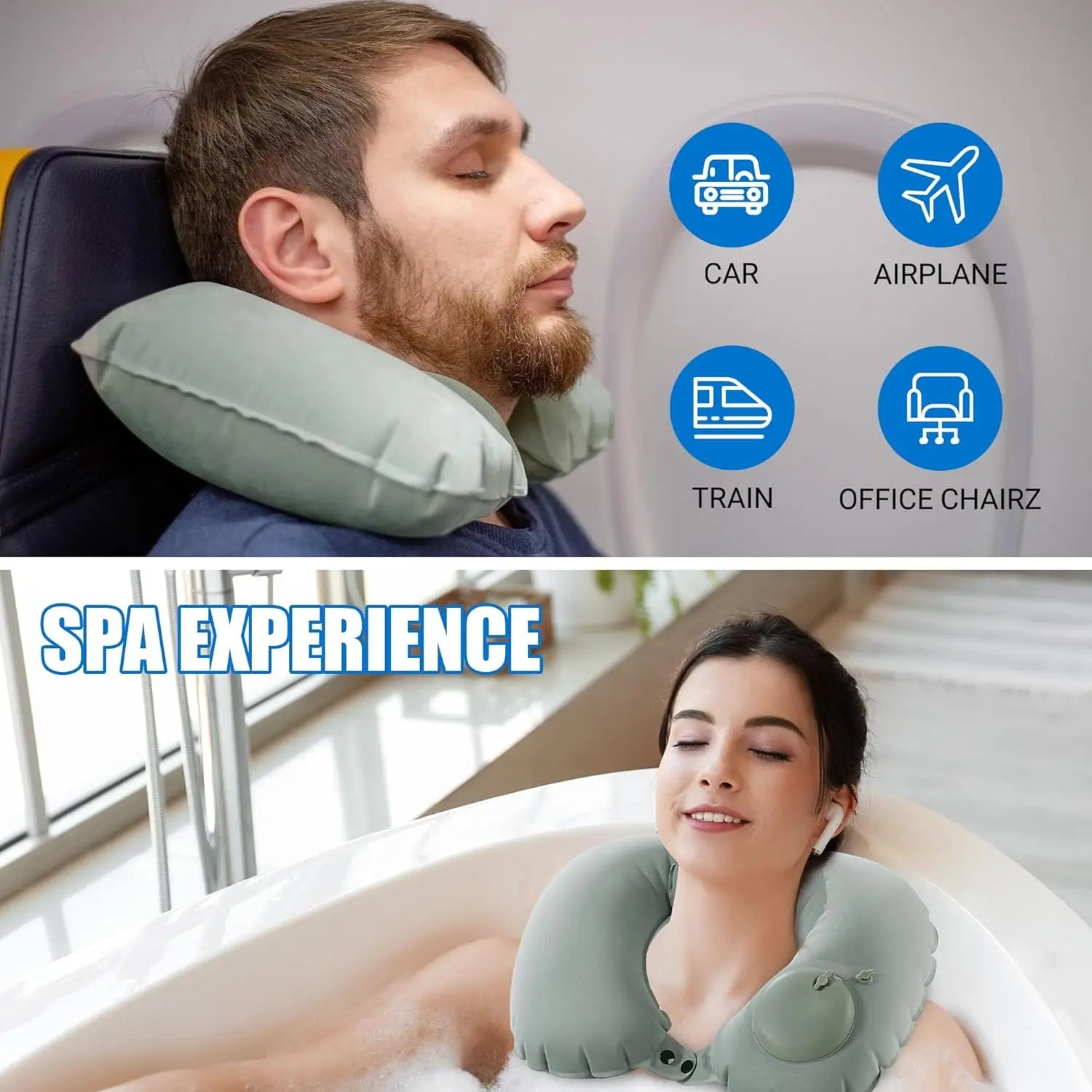 Inflatable neck pillow used in car, airplane, train, and office chair with people using it.