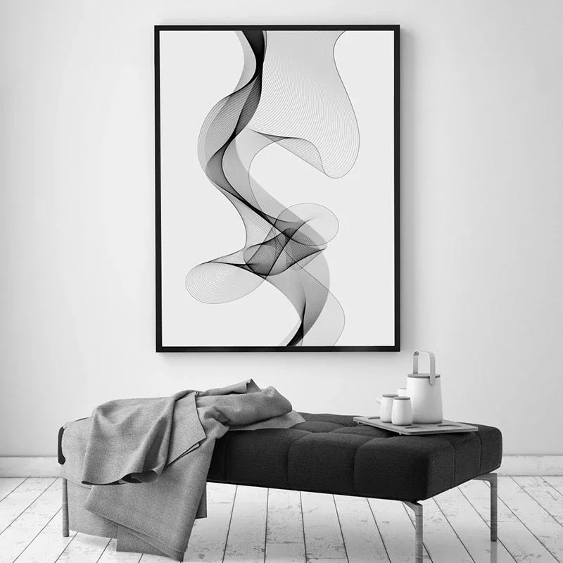Abstract Geometric Black & White Wavy Canvas Wall Art Print