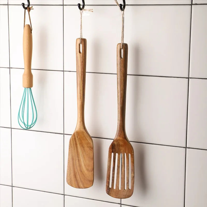 2-Piece Japanese-Style Wooden Spatula & Slotted Shovel Set – Natural Wood Cooking Utensils for Non-Stick Cookware