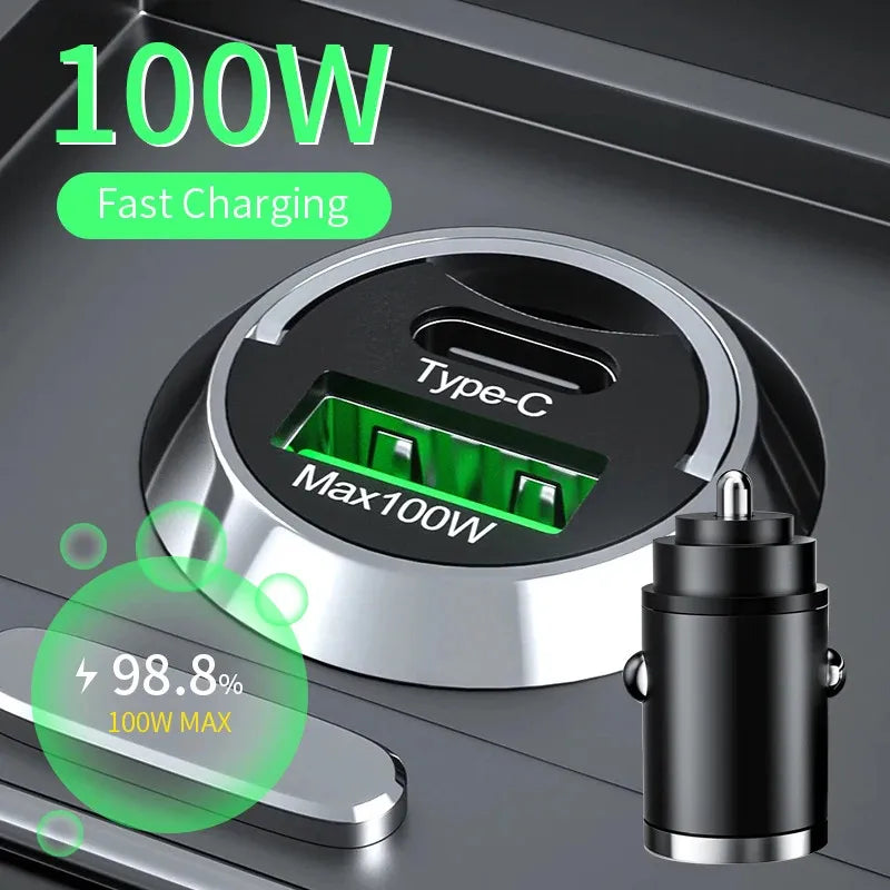 100W Dual Port Mini Car Charger QC3.0 & USB-C PD Fast Charge