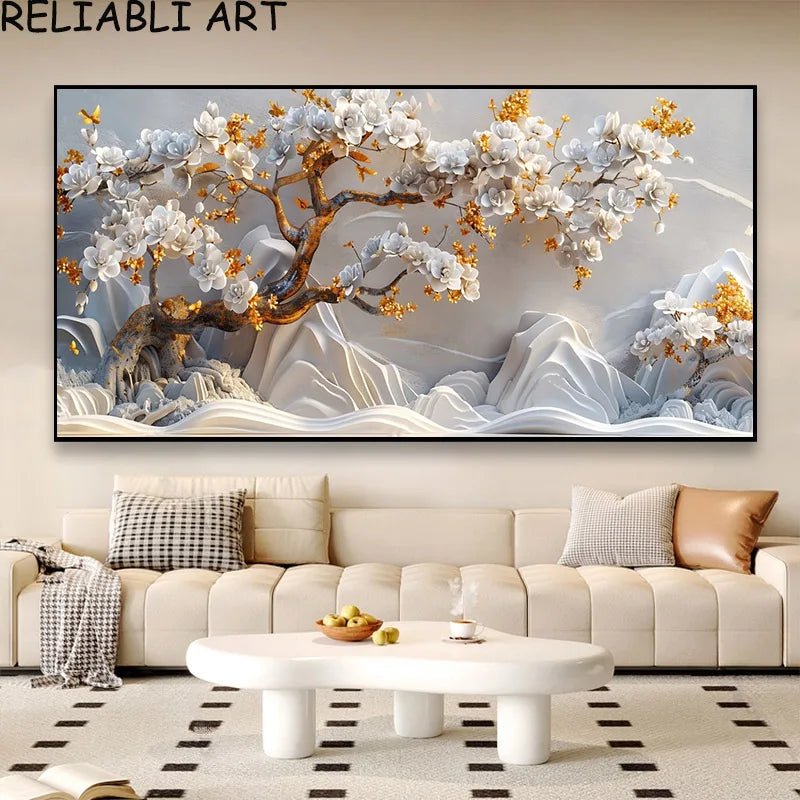 3D Golden White Flower Tree Canvas Wall Art | Luxury Poster