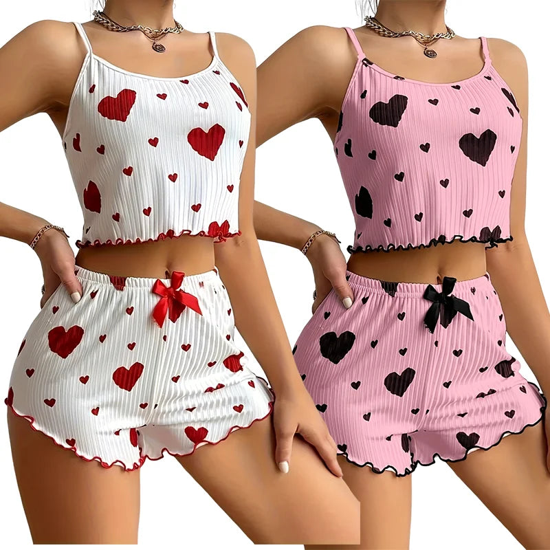 Women 2PCS Pajama Set Heart Print Cami Crop Top & Shorts Cute Ribbed Sleepwear Soft Breathable Summer Loungewear Nightwear Peaceful Pleasures Health and Wellness Red and Pink 1XL