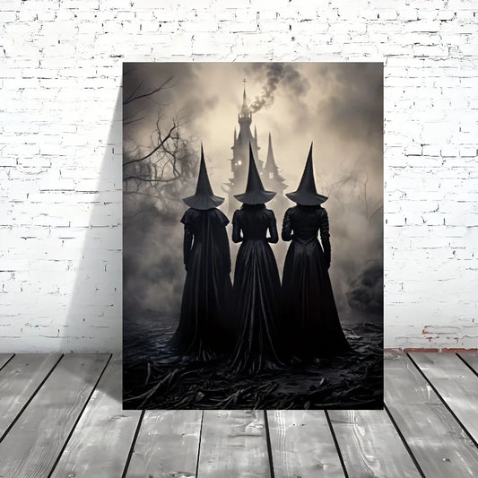 Classic Retro Aesthetics Wall Art Halloween Goth Ghost Witch and Crow Pumpkin HD Oil on Canvas Poster Home Bedroom Decor Gift Peaceful Pleasures Health and Wellness