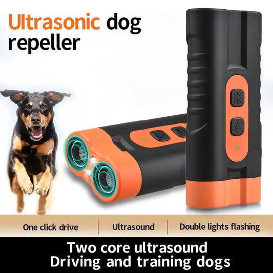 High-Power Dual Head Ultrasonic Dog Repeller USB Rechargeable Dog Training Device with LED Flashlight Anti Bark Solution Peaceful Pleasures Health and Wellness