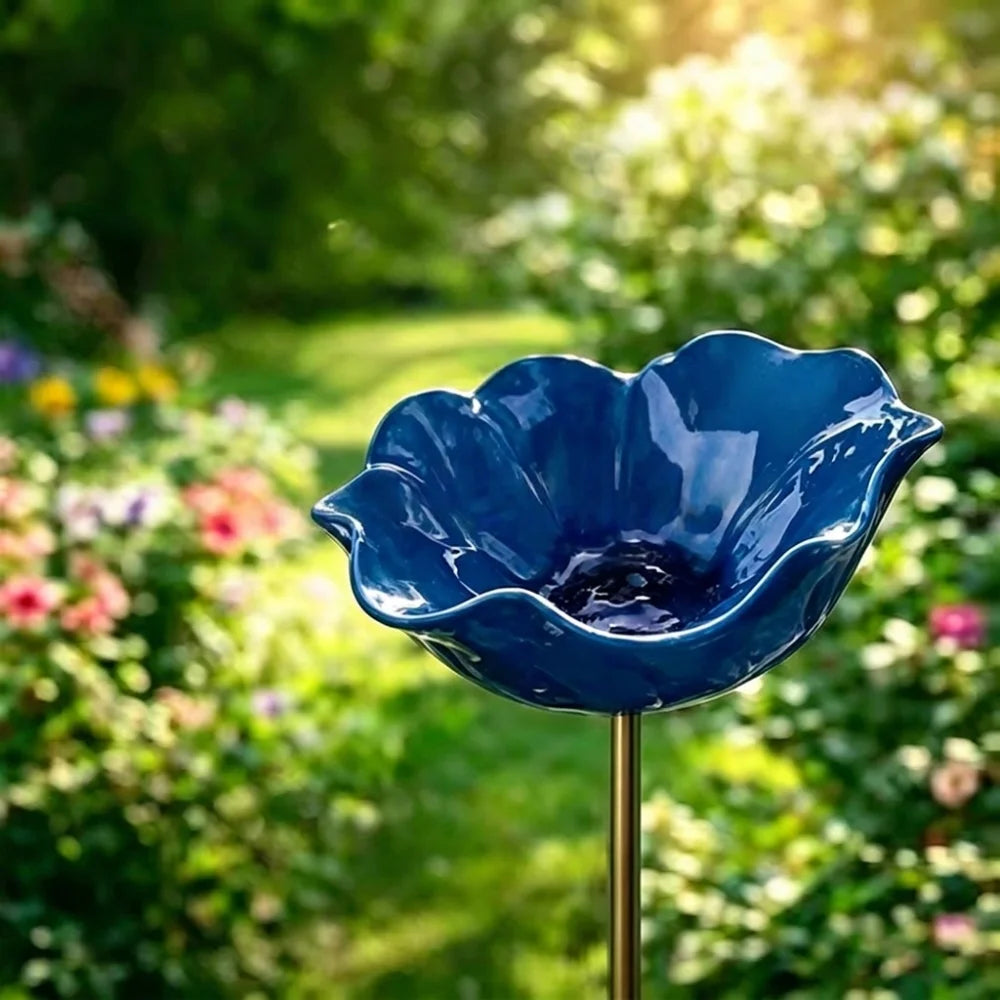 Handcrafted Metal Flower Garden Stake & Bird Bath | UV Resistant