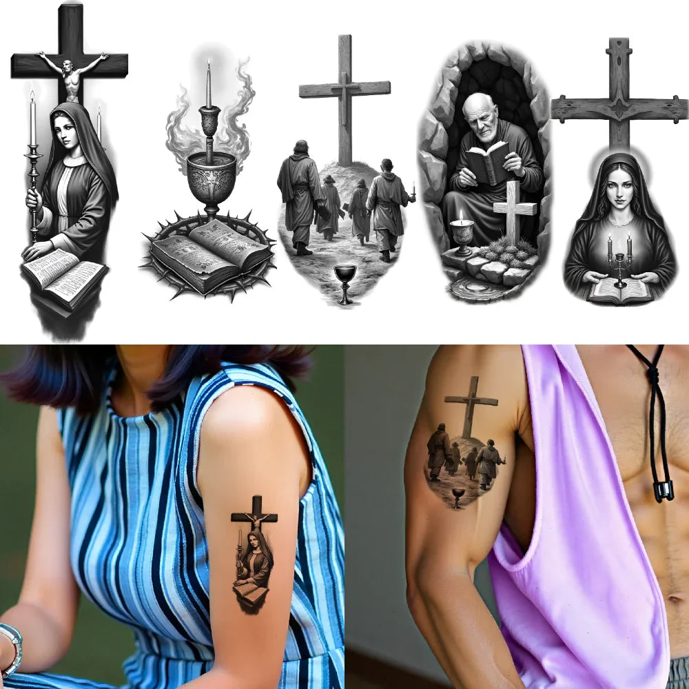 12pcs Spiritual Temporary Tattoos – Dove, Cross & Praying Woman