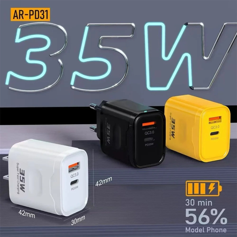 35W Dual Port PD+QC3.0 Fast Charger USB-C Wall Adapter