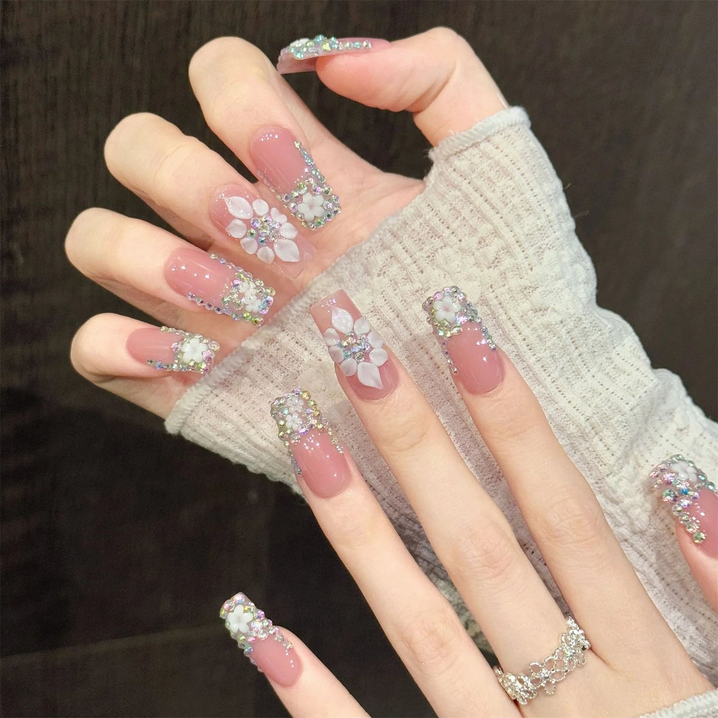 Handmade Press On Nails Nude Pink False Nails 3D Carved Flowers Rhinestones Design Long Square Fake Nails For Party Women 10pcs Peaceful Pleasures Health and Wellness L