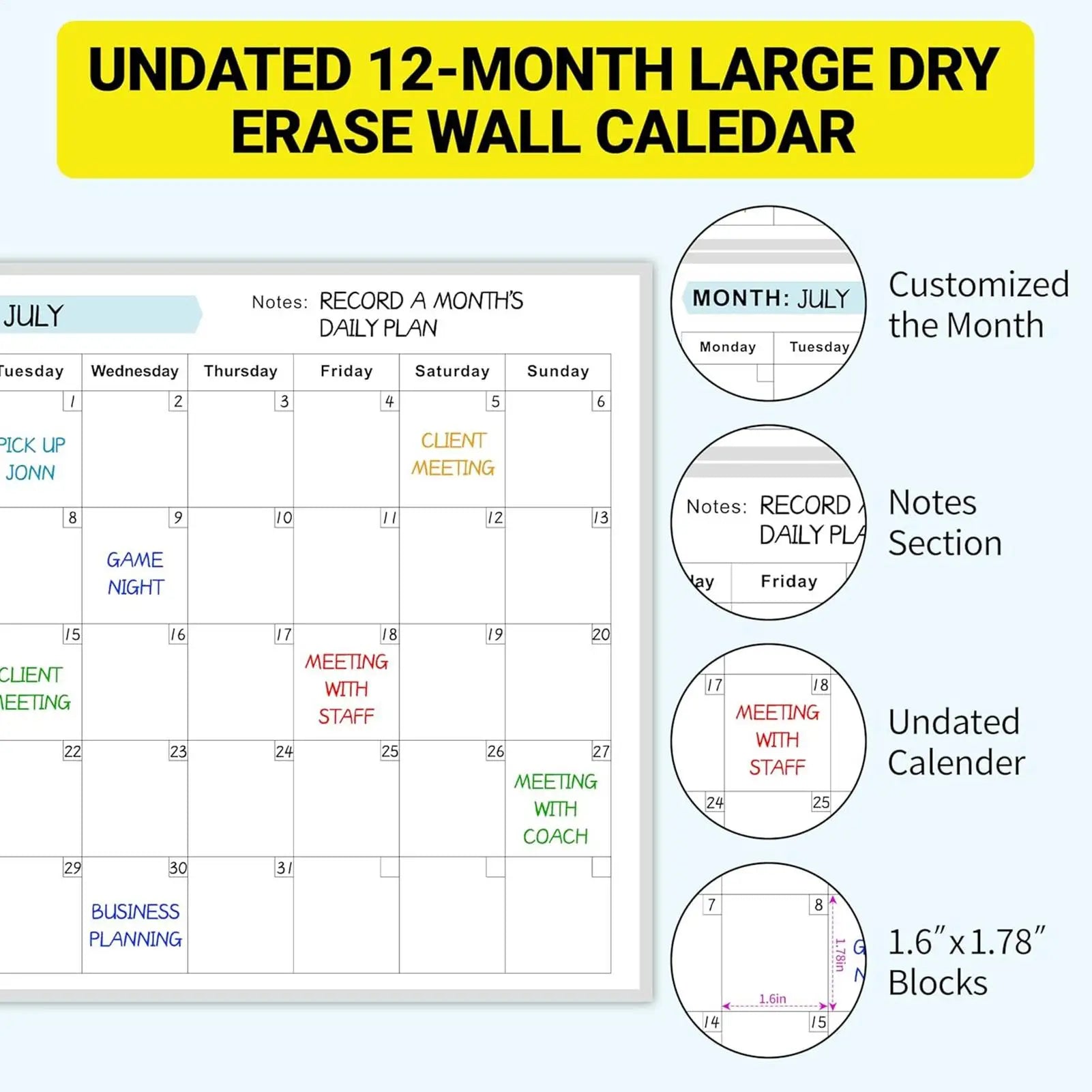 Erasable Yearly Wall Planner | Reusable Dry Erase Calendar Dry Erase Wall Planner Peaceful Pleasures Health and Wellness