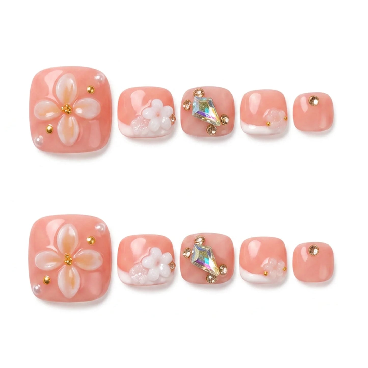 3D Flower Press-On Toe Nails Rhinestone French Style | 10pc