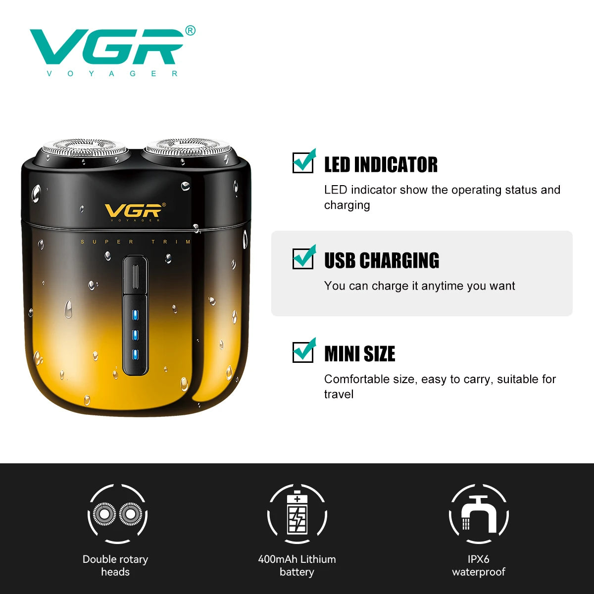VGR New Convenient Electric Shaver Gradient Metal Shaver Double Blade Men's Shaver Home Travel Mini USB Hair Trimmer V-348 Peaceful Pleasures Health and Wellness