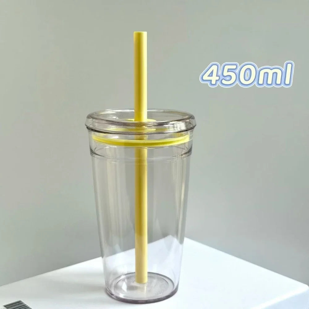 2026 450ML High Beauty Single Layer Milk Tea Straw Cup Transparent Multi Color Universal Coffee Cup Office Water Cup Home Hot Peaceful Pleasures Health and Wellness Yellow