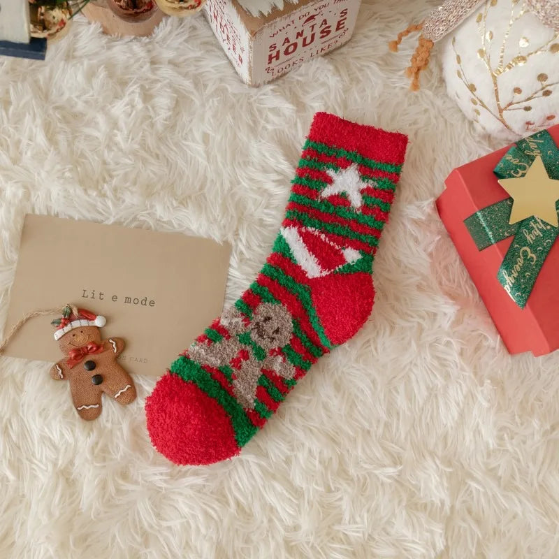 1 Pair of Coral Fleece Christmas Socks, Cute Elk Snowman Gift Socks, And Plush Mid Tube Men's And Women's Floor Sleeping Socks Peaceful Pleasures Health and Wellness Black Blue One Size