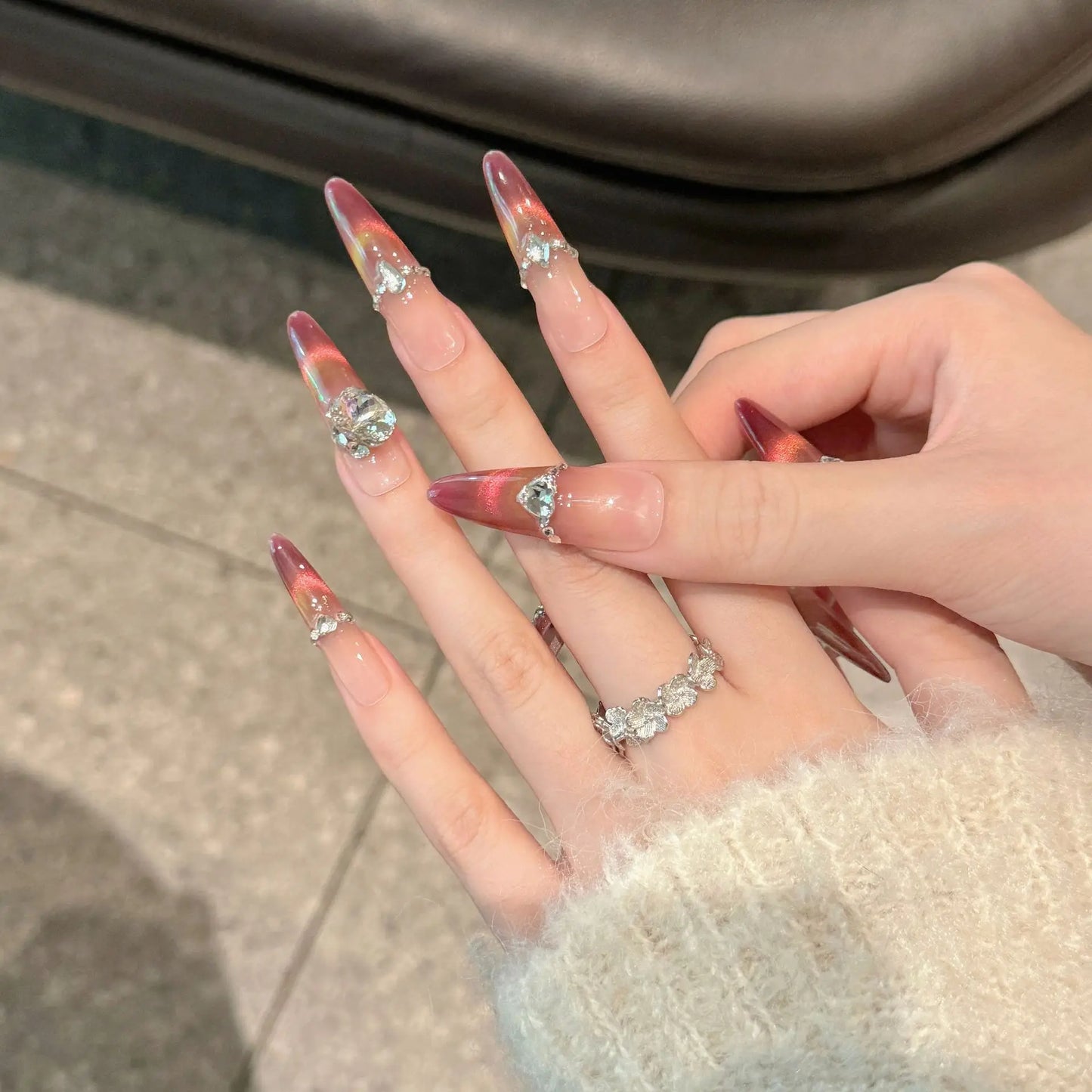 Press-On Nails Pomegranate Pink Cat Eye Long Oval | YADORNOS Press-On Nail Set Peaceful Pleasures Health and Wellness