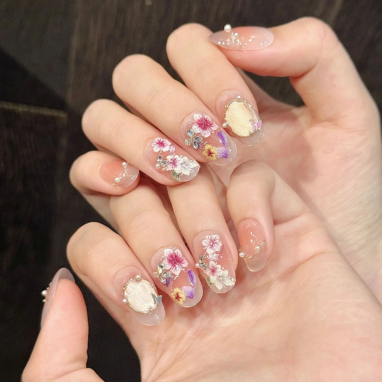 Handmade Cat Eye Press On Nails | Floral Korean Pink 10pcs