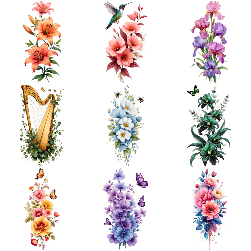 9-Pack Floral Temporary Tattoos – Rose, Lily & Harp Designs