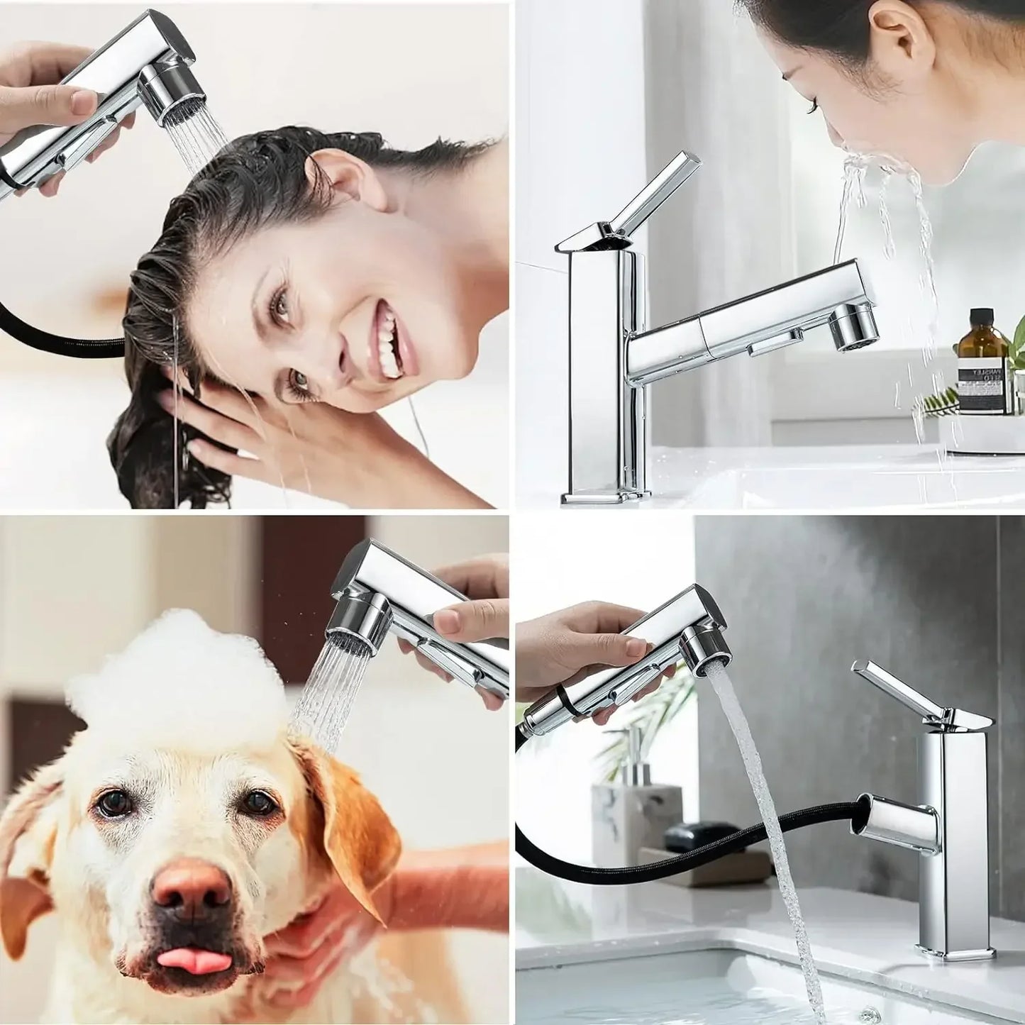 3-Pattern Pull-Out Bathroom Faucet | Single Hole Swivel Spout
