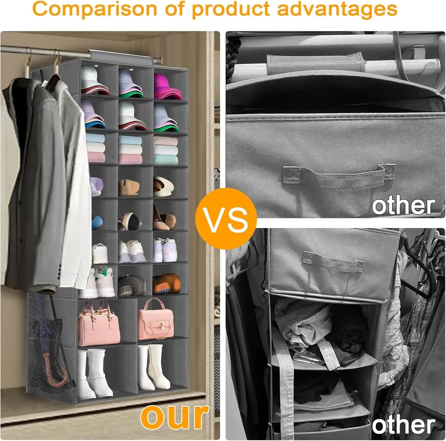 Comparison of product advantages with a storage solution and a traditional closet setup.